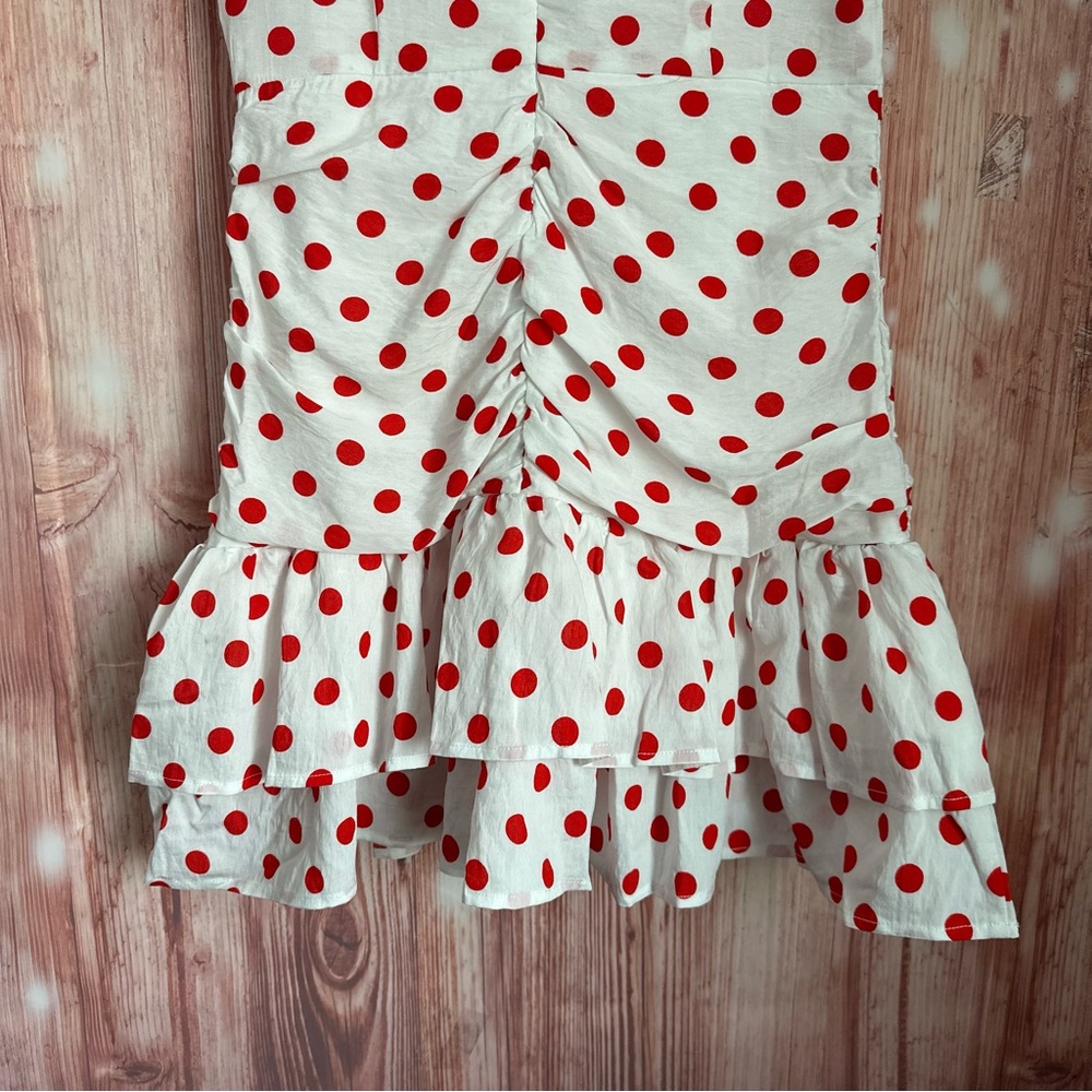 Endless Rose White Retro Style Red Polka Dot Ruffle Hem Ruched Mini Dress Size M - Picture 14 of 16